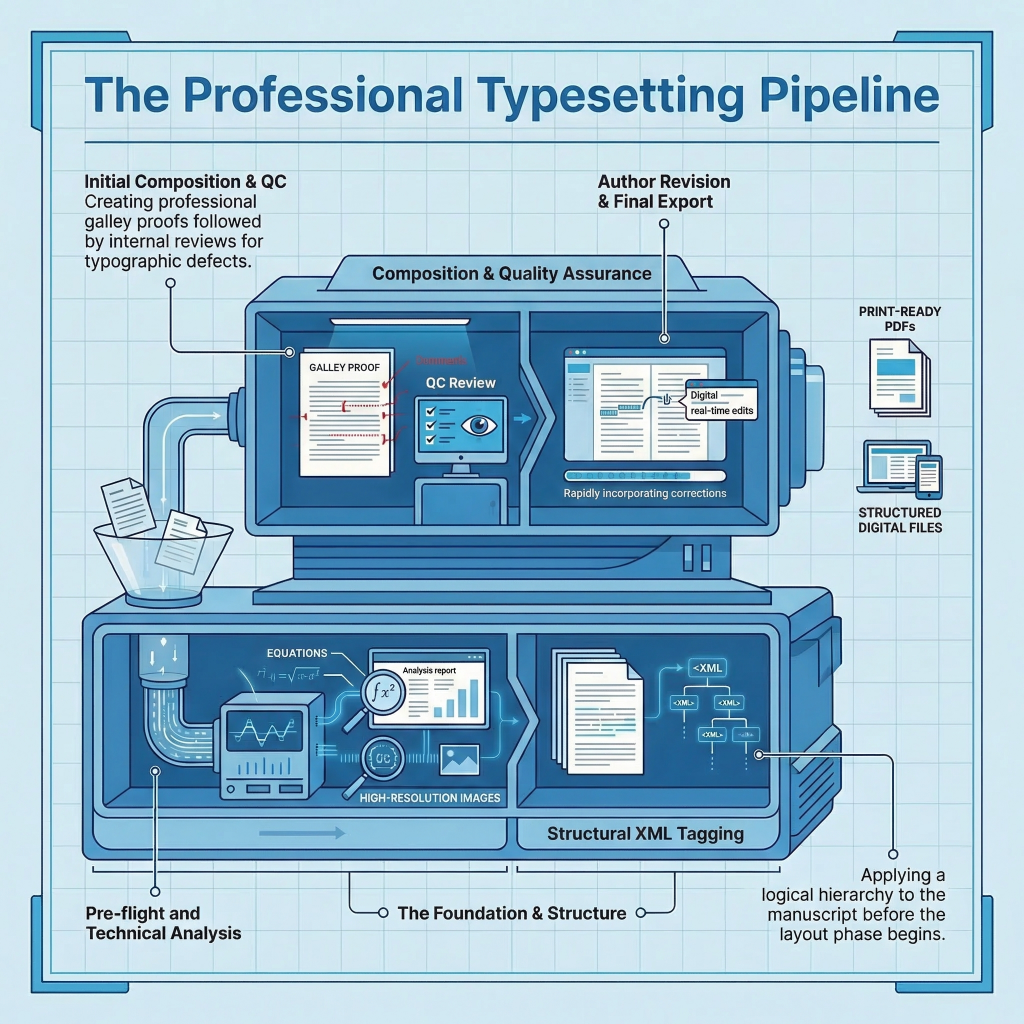 Professional typesetting workflow from manuscript pre-flight to final PDF and XML export